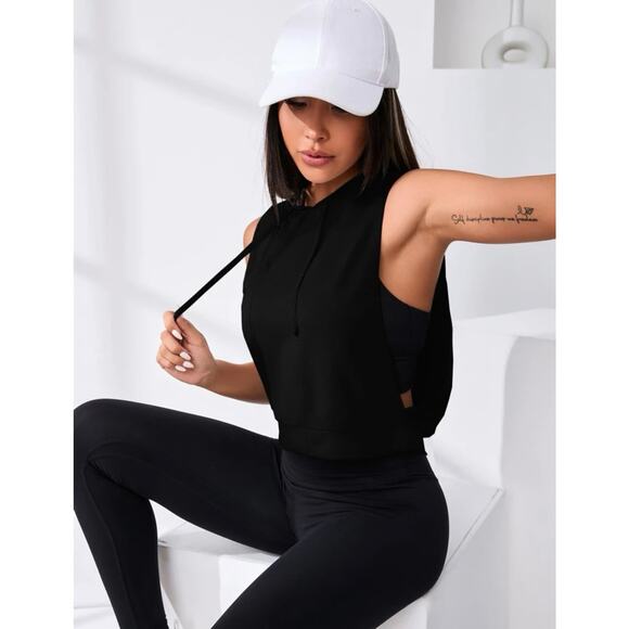 BLACK CUT OUT DRAWSTRING SPORTS HOODIE-BNWOT - Picture 1 of 10